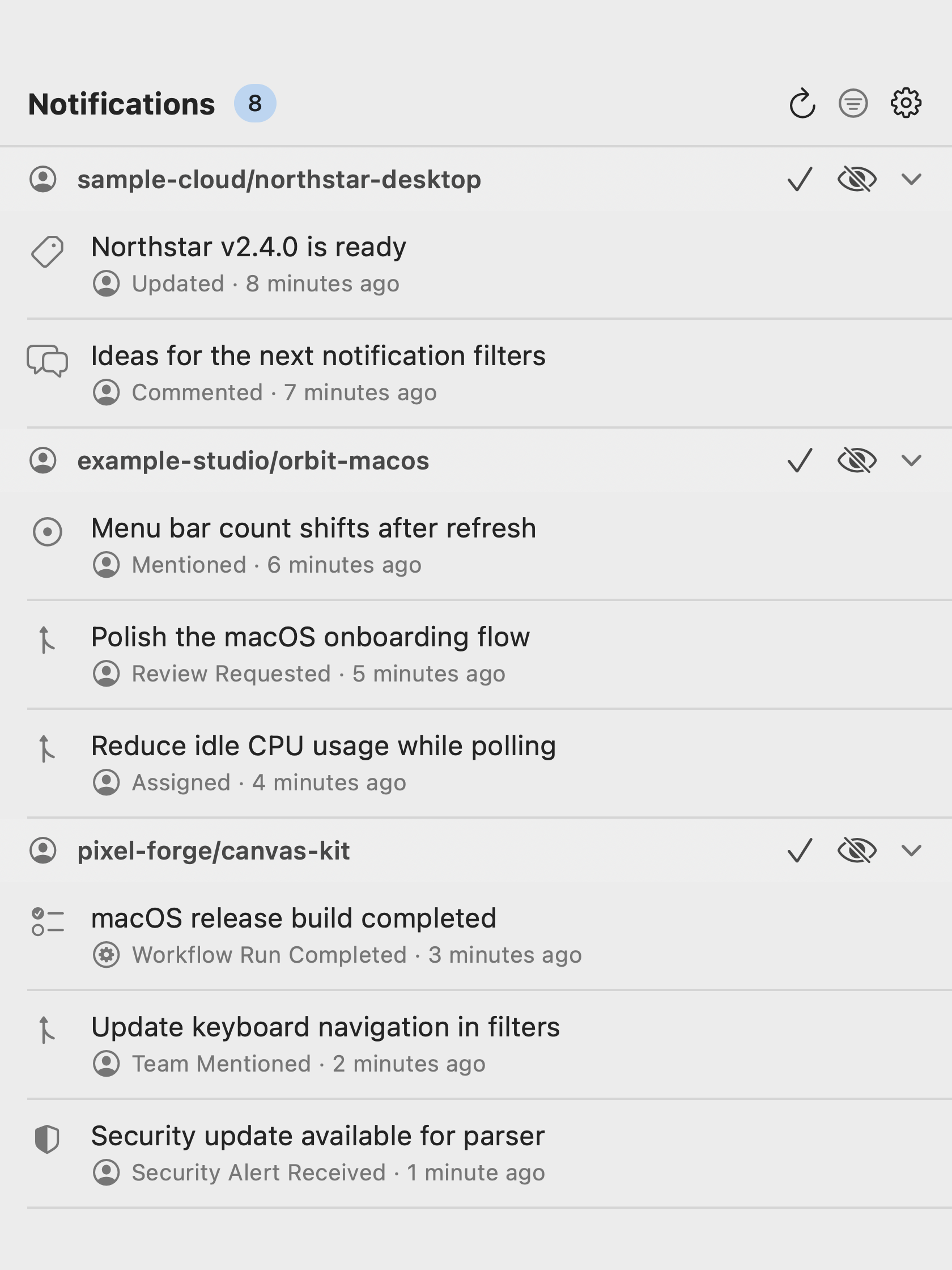 Actual Gitify Native popover showing eight fictional GitHub notifications